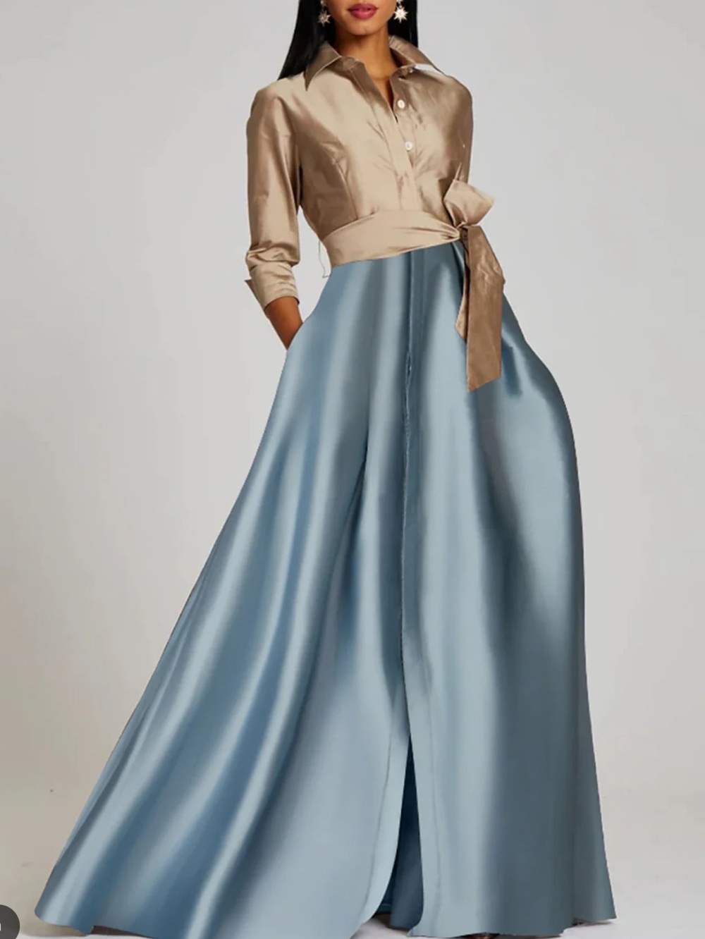 LanTing Champagne Satin A-line High Neck Floor Length Evening Dress Medium NWTS